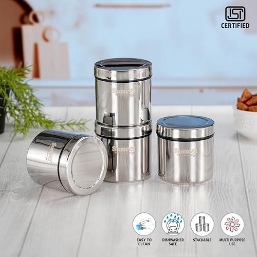 Sumeet ISI Certified Stainless Steel Air Tight Storage Container/Jar/Canister/Dabba with Threading Screw Cap for Kitchen - Pack of 4Pc, 8.3cm, 350ml, Silver