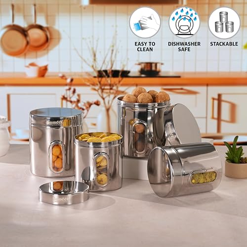 Sumeet Stainless Steel Small Containers/Jars/Dabba for Kitchen Storage with See Through Window - set of 4Pcs, 1100ml + 1820ml capacity, 11.5cm & 13.3cm Dia, Silver