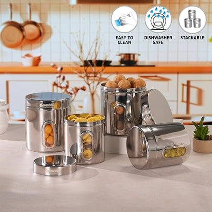 Sumeet Stainless Steel Small Containers/Jars/Dabba for Kitchen Storage with See Through Window - set of 4Pcs, 1100ml + 1820ml capacity, 11.5cm & 13.3cm Dia, Silver