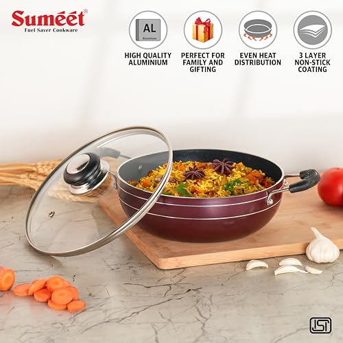 Sumeet Elegantia Induction Base Non Stick Aluminium Deep Kadai with Glass Lid 21.5cm / 1800ml Capacity | Gas and Induction Friendly | Cherry