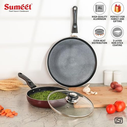 Sumeet Elegantia Induction Base Non Stick Aluminium Cookware Set of 3Pcs - Dosa Tawa 28cm / Fry Pan with Glass Lid 21.5cm / 1550ml Capacity | Gas and Induction Friendly | Cherry