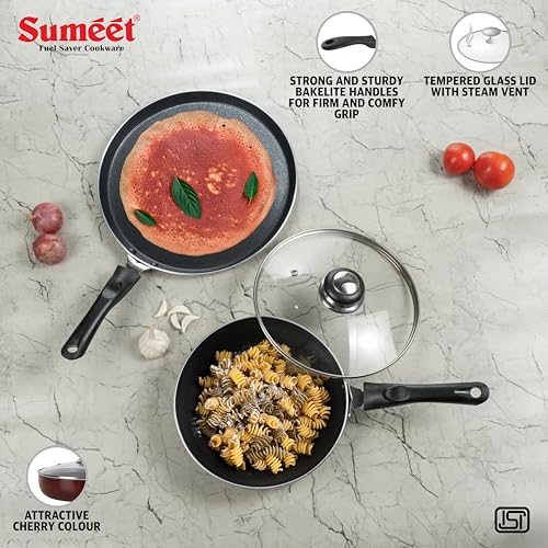 Sumeet Elegantia Induction Base Non Stick Aluminium Cookware Set of 3Pcs - Dosa Tawa 28cm / Fry Pan with Glass Lid 21.5cm / 1550ml Capacity | Gas and Induction Friendly | Cherry