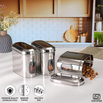 Sumeet ISI Certified Stainless Steel Capsul Canister/Container for Kitchen Storage with See Through Window - Set of 3 Pcs - 1850ml, Silver