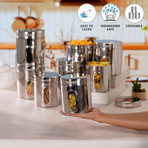Sumeet Stainless Steel Small Containers/Jars/Dabba for Kitchen Storage with See Through Window - set of 8Pcs, 1100ml + 1820ml capacity, 11.5cm & 13.3cm Dia, Silver