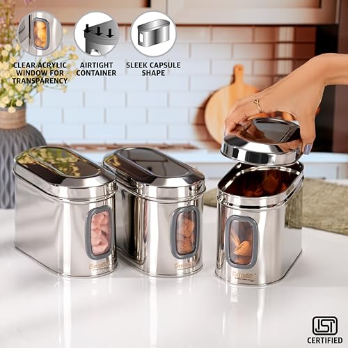 Sumeet ISI Certified Stainless Steel Capsul Canister/Container for Kitchen Storage with See Through Window - Set of 3 Pcs - 1400ml, Silver