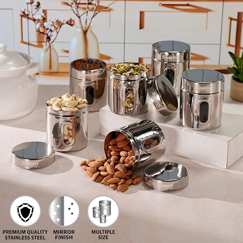 Sumeet Stainless Steel Small Containers/Jars/Dabba for Kitchen Storage with See Through Window - set of 6Pcs, 310ml capacity each, 7.3cm Dia, Silver