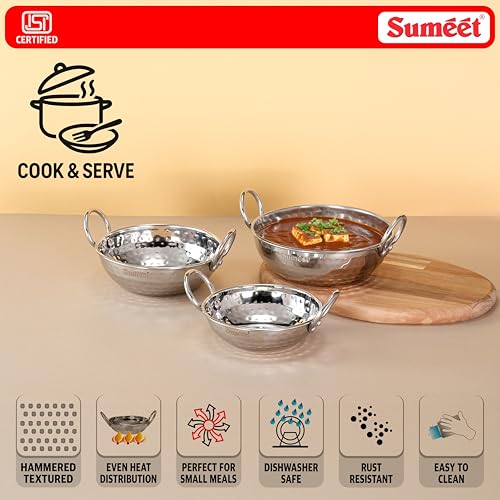 Sumeet ISI Certified Stainless Steel Induction and Gas Stove Friendly, Small Size, Hammered Design Kadai Set of 3Pc, 350ml, 550ml, 750ml, Silver