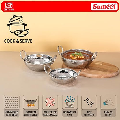 Sumeet ISI Certified Stainless Steel Induction and Gas Stove Friendly, Small Size, Hammered Design Kadai Set of 3Pc, 350ml, 550ml, 750ml, Silver