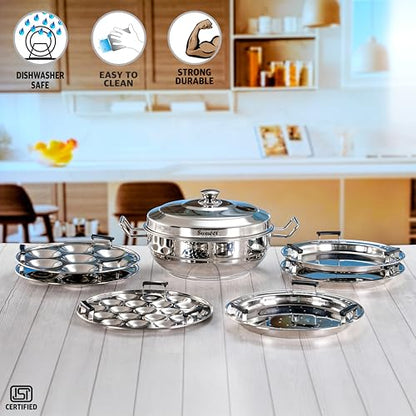 Sumeet ISI Certified Stainless Steel Induction Bottom Heavy Multi Kadai with 6 Plates - 2 Idli, 2 Dhokla/Patra, 1 Momo/Modak/Steamer, 1 Mini Idli Plate - 28cm, 4.7Ltr, Silver