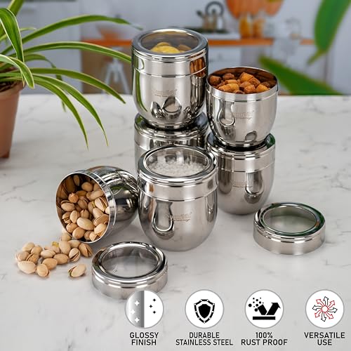 Sumeet Stainless Steel Conical Shape Canisters/Dabba/Storage Containers for Kitchen with See Through Lid, Set of 6 Pcs, (400ml-8.5cm Dia-3Pc & 500ml-9cm Dia-3Pc), Silver