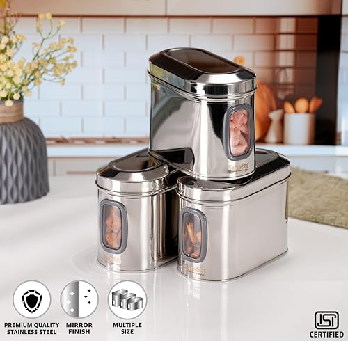 Sumeet ISI Certified Stainless Steel Capsul Canister/Container for Kitchen Storage with See Through Window - Set of 3 Pcs - 1400ml, Silver