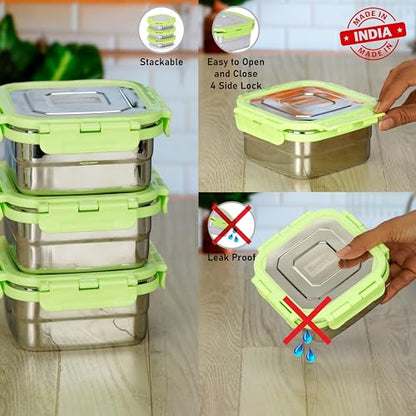 Sumeet Stainless Steel Square Shape Airtight Lock & Leak Proof Container/Lunch Box with Steel Lid - 550Ml, Pack of 1, Silver