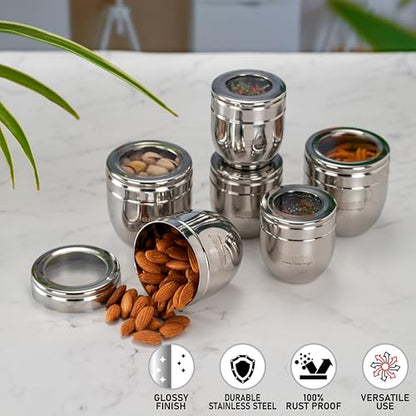 Sumeet Stainless Steel Conical Shape Canisters/Dabba/Storage Containers for Kitchen with See Through Lid, Set of 6 Pcs, (150ml-6cm Dia-3Pc & 250ml-7cm Dia-3Pc), Silver