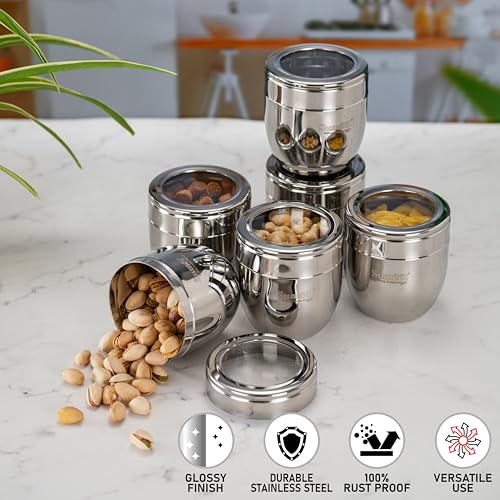 Sumeet Stainless Steel Conical Shape Canisters/Dabba/Storage Containers for Kitchen with See Through Lid, Set of 6 Pcs, 500ml Each, 9cm Dia, Silver