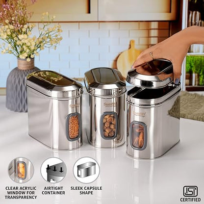 Sumeet ISI Certified Stainless Steel Capsul Canister/Container for Kitchen Storage with See Through Window - Set of 3 Pcs - 1850ml, Silver