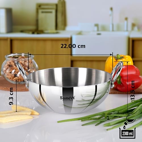 Sumeet ISI Certified Cook Smart TriPly Steel-Aluminium-Steel 3 Layer Round Bottom Kadai - 22cm, 2.350Ltr, Silver