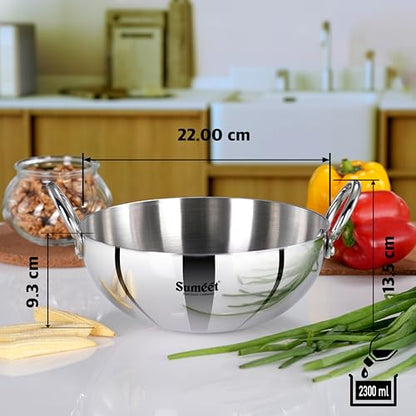 Sumeet ISI Certified Cook Smart TriPly Steel-Aluminium-Steel 3 Layer Round Bottom Kadai - 22cm, 2.350Ltr, Silver