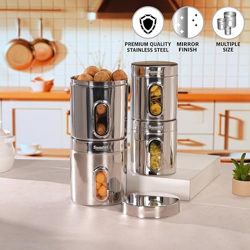 Sumeet Stainless Steel Small Containers/Jars/Dabba for Kitchen Storage with See Through Window - set of 4Pcs, 1100ml + 1820ml capacity, 11.5cm & 13.3cm Dia, Silver
