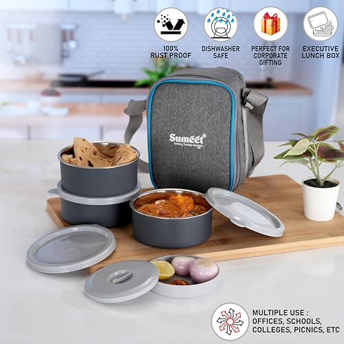 Sumeet EPULO Lunch Box Tiffin with Microwave Safe and Leak Proof 3 Inner Steel Containers + 1 Plastic Chutney/Pickel Container with BPA Free Air Tight Lids - 420ml & Insulated Fabric Bag, Grey