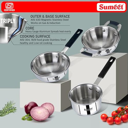 Sumeet Cook Smart ISI Certified Tri-Ply (Steel - Aluminium - Steel) Set of 3 Pcs Mini Kadhai - FryingTadka Pan- SauceTadka Pan 450ml with Silicon Grip | Induction & Gas Friendly | 2.5mm Thick, Silver