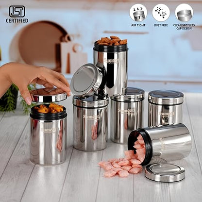 Sumeet ISI Certified Stainless Steel Air Tight Storage Container/Jar/Canister/Dabba with Threading Screw Cap for Kitchen - Pack of 6Pc, 8.3cm, 550ml, Silver
