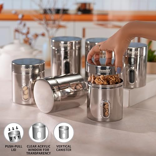 Sumeet Stainless Steel Small Containers/Jars/Dabba for Kitchen Storage with See Through Window - set of 6Pcs, 700ml capacity each, 9.5cm Dia, Silver
