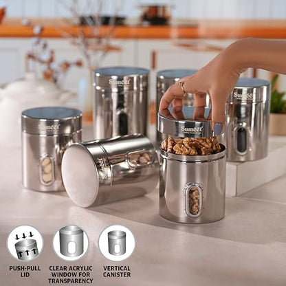 Sumeet Stainless Steel Small Containers/Jars/Dabba for Kitchen Storage with See Through Window - set of 6Pcs, 700ml capacity each, 9.5cm Dia, Silver