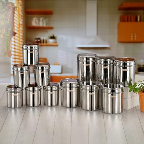 Sumeet Stainless Steel Small Containers/Jars/Dabba for Kitchen Storage with See Through Lids - set of 12Pcs, 400ml + 750ml capacity, 7.3cm & 9cm Dia, Silver