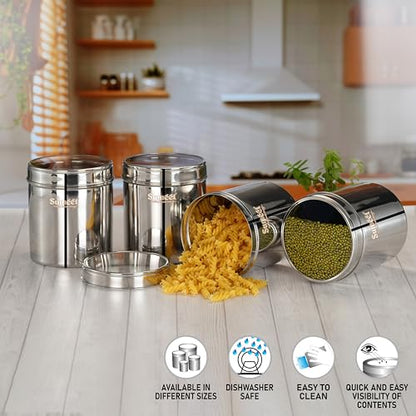 Sumeet Stainless Steel Containers/Jars/Dabba for Kitchen Storage with See Through Lids - set of 4Pcs, 1350ml capacity each, 11.7cm Dia, Silver