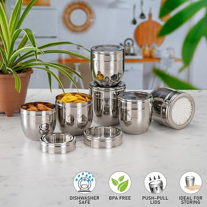 Sumeet Stainless Steel Conical Shape Canisters/Dabba/Storage Containers for Kitchen with See Through Lid, Set of 6 Pcs, (400ml-8.5cm Dia-3Pc & 500ml-9cm Dia-3Pc), Silver