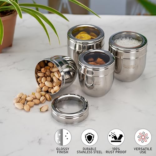 Sumeet Stainless Steel Conical Shape Canisters/Dabba/Storage Containers for Kitchen with See Through Lid, Set of 4 Pcs, (400ml-8.5cm Dia-2Pc & 500ml-9cm Dia-2Pc), Silver