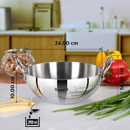 Sumeet ISI Certified Cook Smart TriPly Steel-Aluminium-Steel 3 Layer Round Bottom Kadai - 24cm, 2.950Ltr, Silver