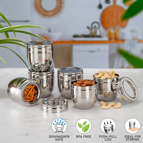 Sumeet Stainless Steel Conical Shape Canisters/Dabba/Storage Containers for Kitchen with See Through Lid, Set of 6 Pcs, 250ml Each, 7cm Dia, Silver