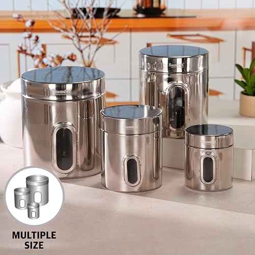 Sumeet Stainless Steel Small Containers/Jars/Dabba for Kitchen Storage with See Through Window - set of 4Pcs, 1100ml capacity each, 11.5cm Dia, Silver