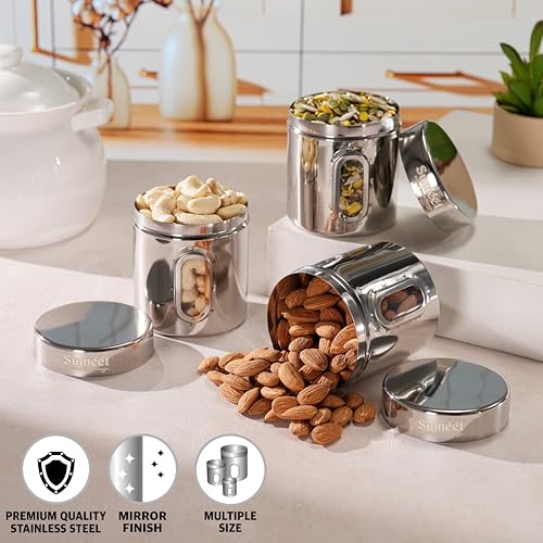 Sumeet Stainless Steel Small Containers/Jars/Dabba for Kitchen Storage with See Through Window - set of 3Pcs, 310ml capacity each, 7.3cm Dia, Silver