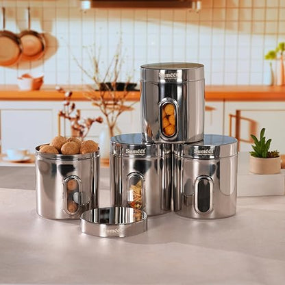 Sumeet Stainless Steel Small Containers/Jars/Dabba for Kitchen Storage with See Through Window - set of 4Pcs, 1100ml capacity each, 11.5cm Dia, Silver