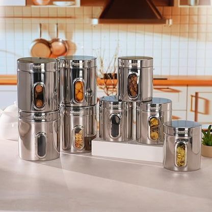 Sumeet Stainless Steel Small Containers/Jars/Dabba for Kitchen Storage with See Through Window - set of 8Pcs, 1100ml + 1820ml capacity, 11.5cm & 13.3cm Dia, Silver