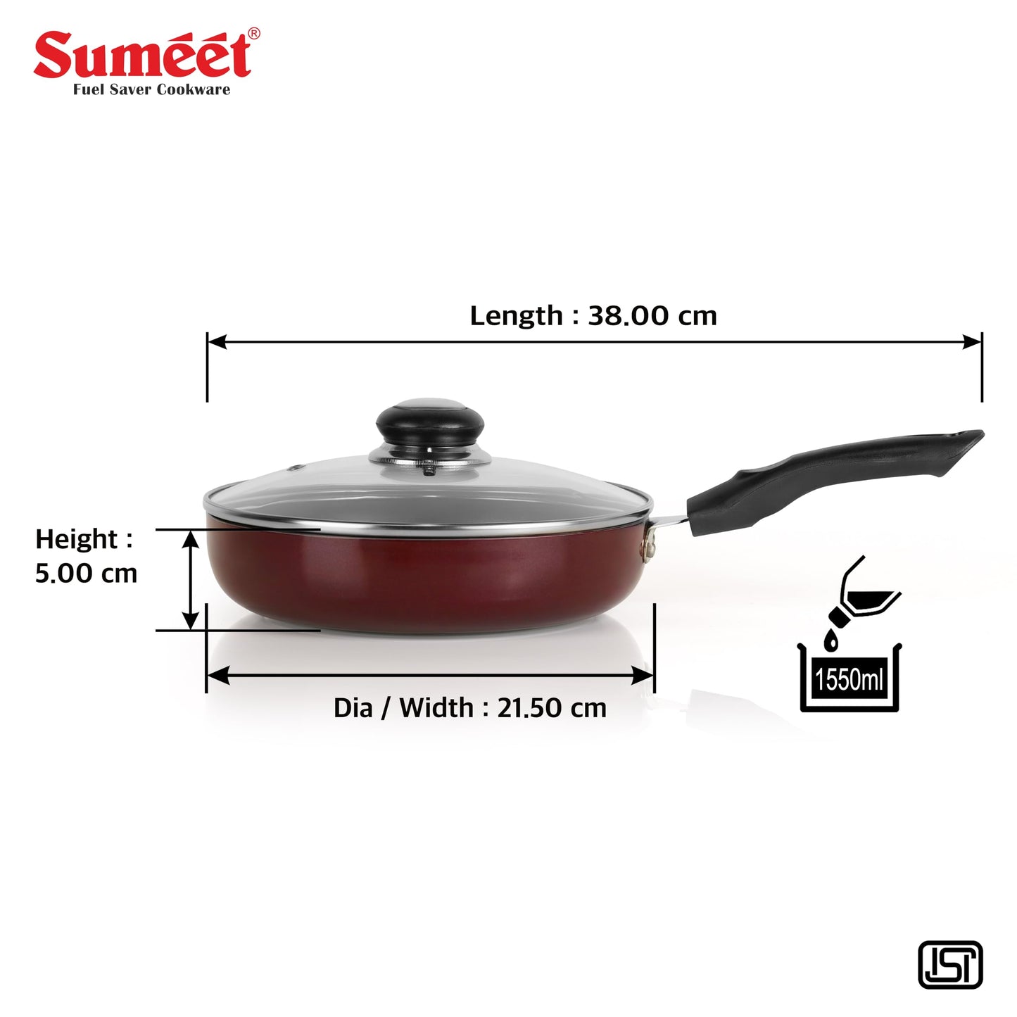 Sumeet Elegantia Induction Base Non Stick Aluminium Fry Pan with Glass Lid 21.5cm / 1550ml Capacity | Gas and Induction Friendly | Cherry