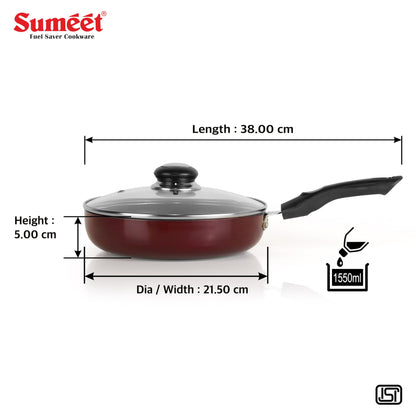 Sumeet Elegantia Induction Base Non Stick Aluminium Fry Pan with Glass Lid 21.5cm / 1550ml Capacity | Gas and Induction Friendly | Cherry