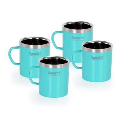 Sumeet Stainless Steel Coloured Double Wall Tea/Milk/Coffee Mug Set of 4Pc - 300ml - Green