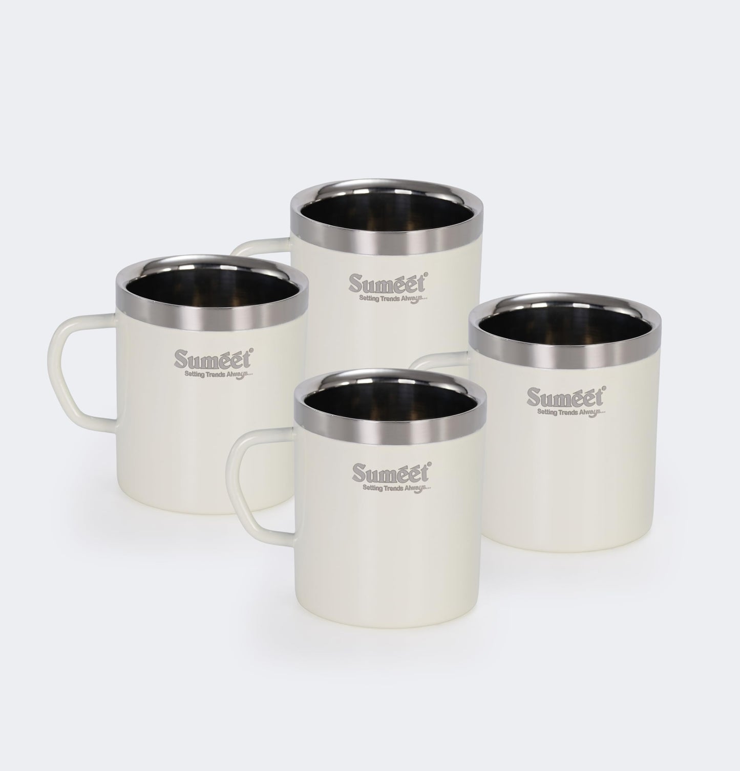 Sumeet Stainless Steel Coloured Double Wall Tea/Milk/Coffee Mug Set of 4Pc - 300ml - Ivory