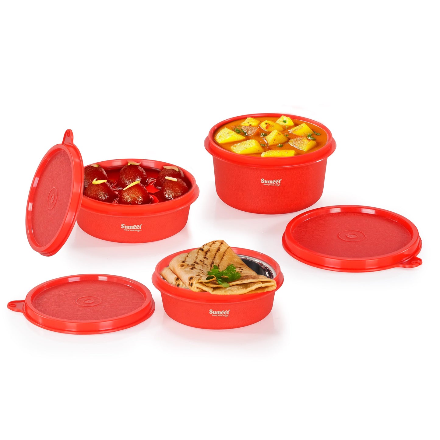 Sumeet ISI Certified Inside Steel Microwave Safe BPA Free Lunch Boxes/Storage Containers with Air Tight & Leak Proof Lid for Home/Office/School, 250ml & 350ml Set of 3, Red