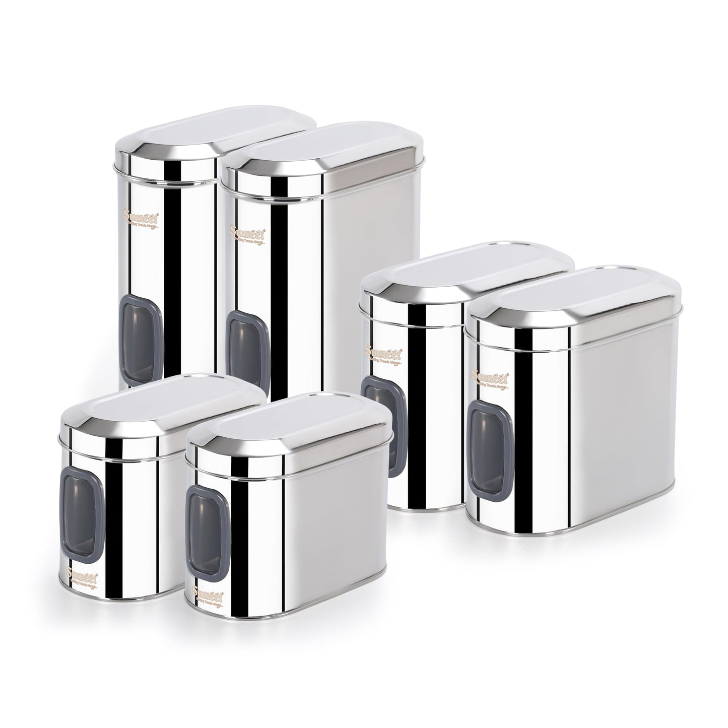 Sumeet ISI Certified Stainless Steel Capsul Canister/Container for Kitchen Storage with See Through Window - Set of 6 Pcs - 1400ml + 1850ml + 2600ml, Silver