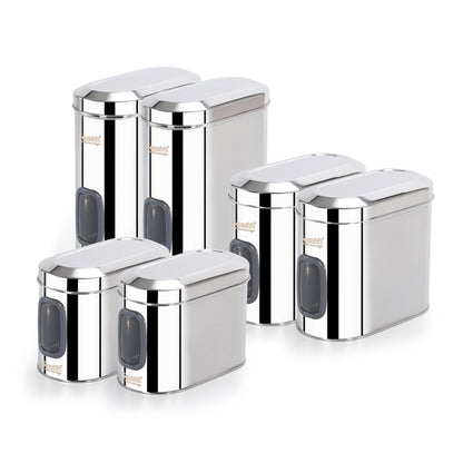Sumeet ISI Certified Stainless Steel Capsul Canister/Container for Kitchen Storage with See Through Window - Set of 6 Pcs - 1400ml + 1850ml + 2600ml, Silver
