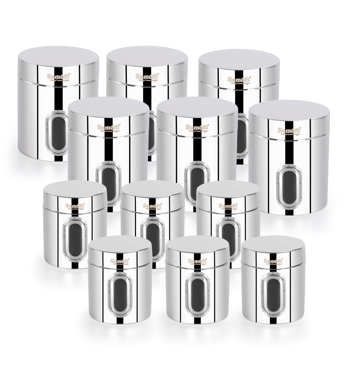 Sumeet Stainless Steel Small Containers/Jars/Dabba for Kitchen Storage with See Through Window - set of 12Pcs, 310ml +700ml capacity,7.3cm & 9.5cm Dia, Silver