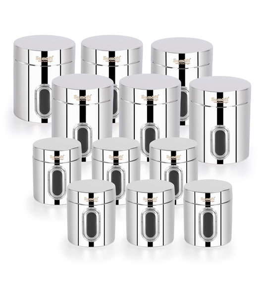 Sumeet Stainless Steel Small Containers/Jars/Dabba for Kitchen Storage with See Through Window - set of 12Pcs, 310ml +700ml capacity,7.3cm & 9.5cm Dia, Silver