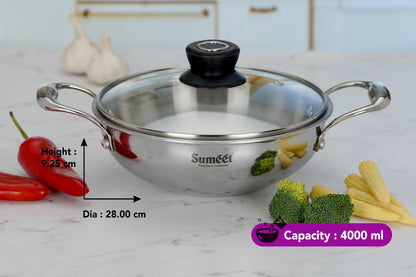 Sumeet Cook Smart TriPly Stainless Steel Induction Base Deep Kadai with Glass Lid - 4 LTR - 28Cm, Pack of 1, Silver