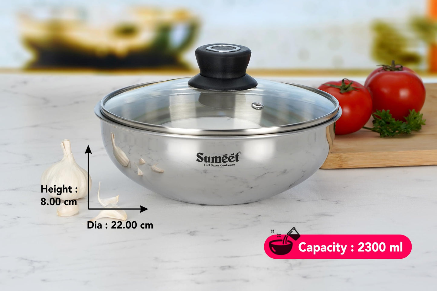 Sumeet Cook Smart TriPly Stainless Steel Induction Base Deep Tasra with Glass Lid - 2.3 LTR - 22Cm, Pack of 1, Silver