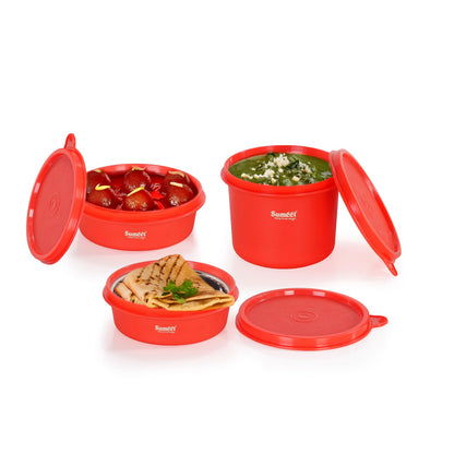 Sumeet ISI Certified Inside Steel Microwave Safe BPA Free Lunch Boxes/Storage Containers with Air Tight & Leak Proof Lid for Home/Office/School, 250ml & 500ml Set of 3, Red