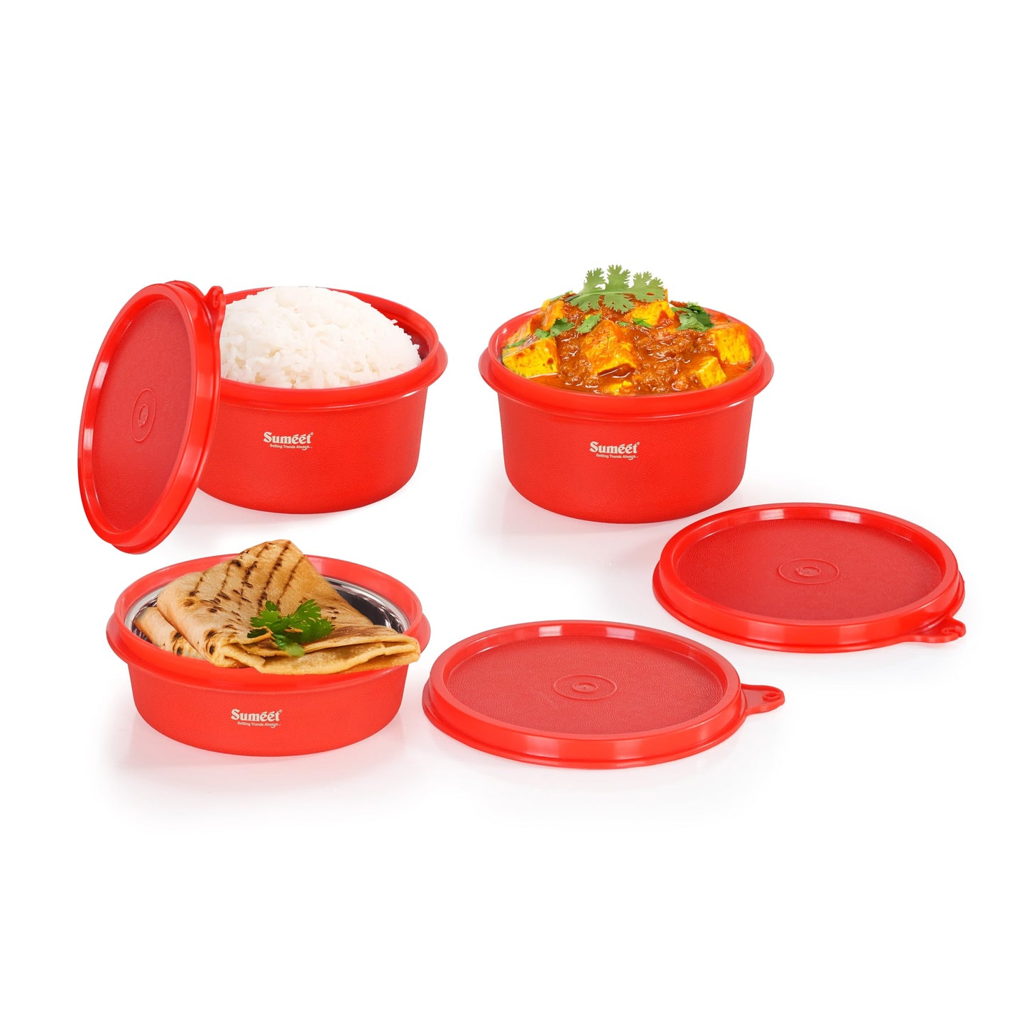 Sumeet ISI Certified Inside Steel Microwave Safe BPA Free Lunch Boxes/Storage Containers with Air Tight & Leak Proof Lid for Home/Office/School, 250ml & 350ml Set of 3, Red